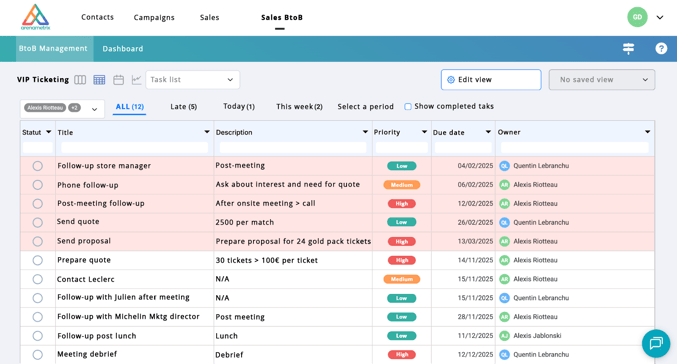 Screenshot of tasks and reminders table