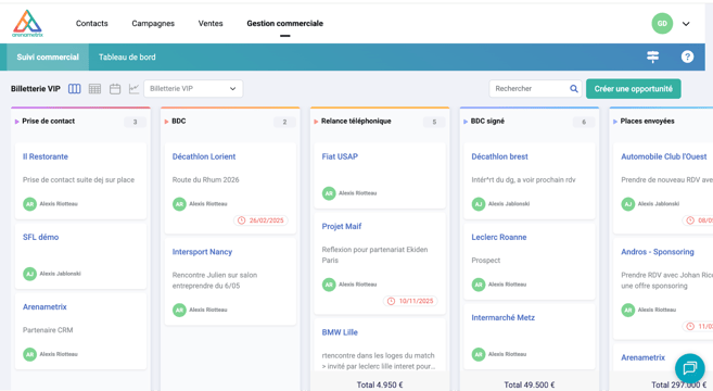 Capture d’écran pipeline commercial (vue kanban)