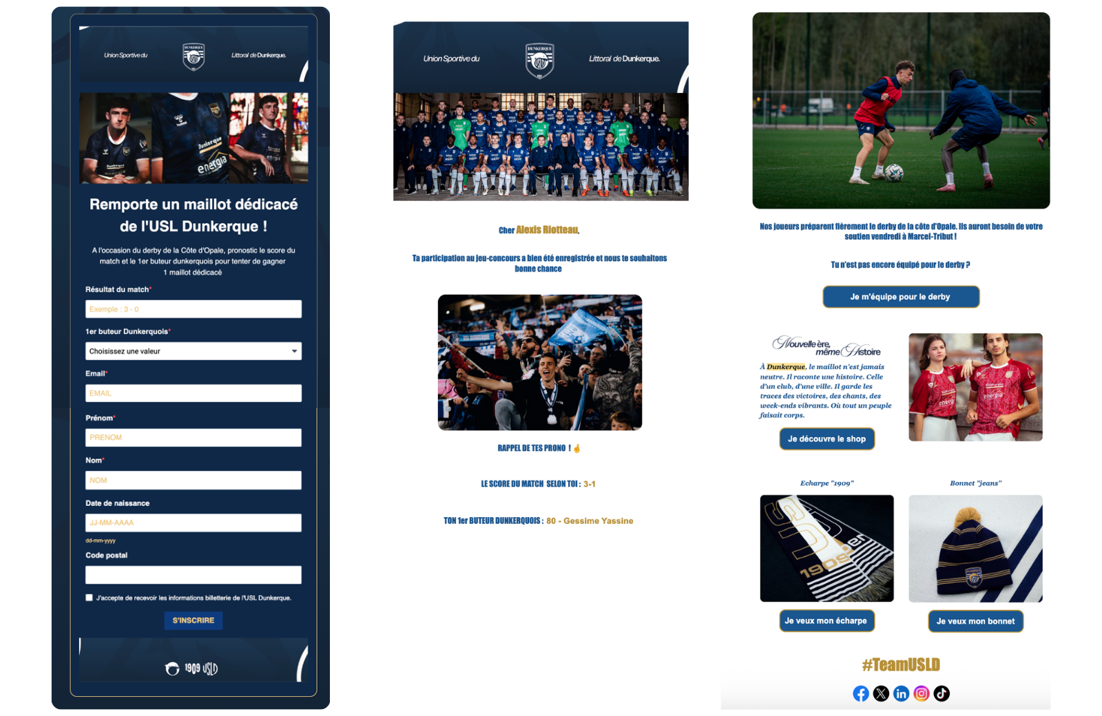 À gauche : le formulaire d'inscription au jeu concours. À droite : l'email automatique de remerciement avec l'encart merchandising.
