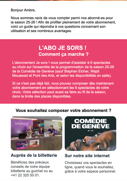 Email de bienvenue de la Comédie de Genève - Arenametrix