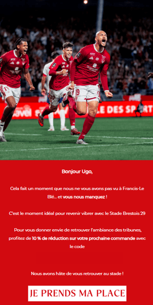 Email envoyé par le Stade Brestois aux contacts inactifs
