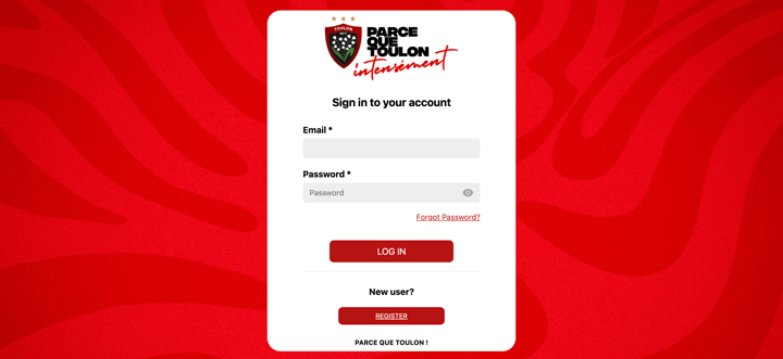 Inlogpagina van een fanaccount in de kleuren van een rugbyclub