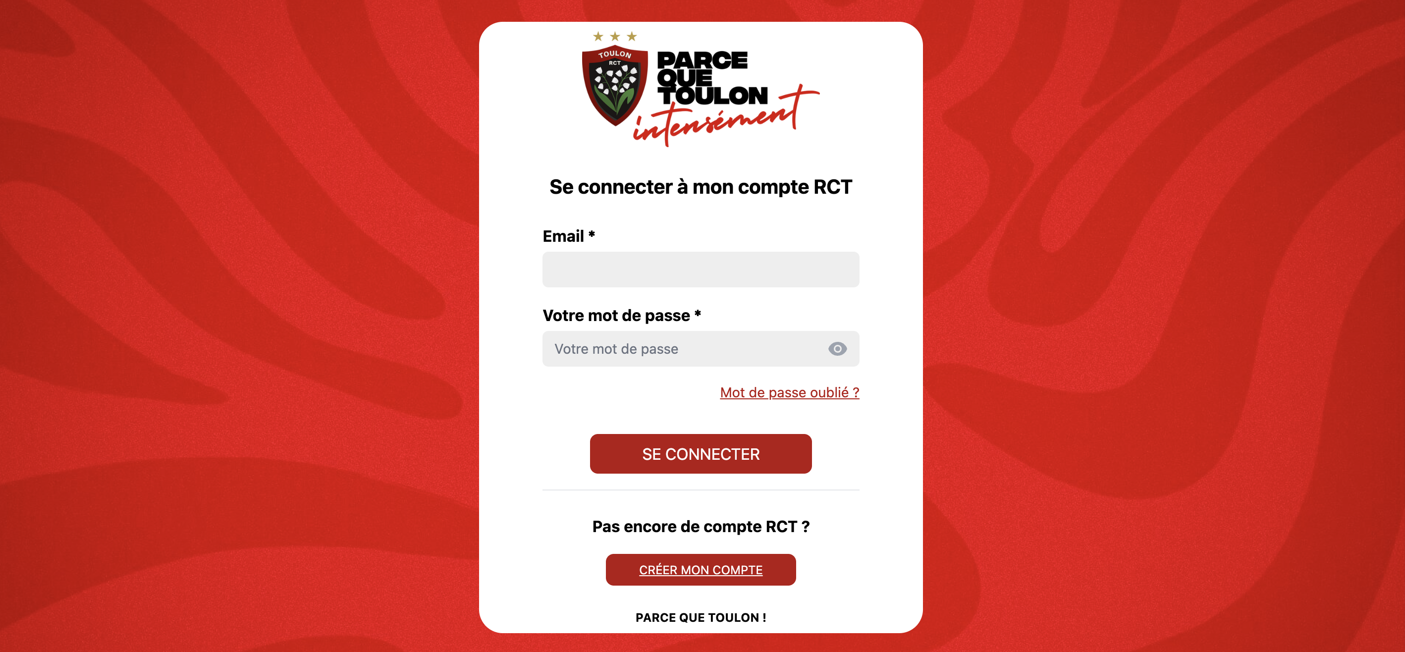 Page de connexion au compte supporter aux couleurs dun club de rugby